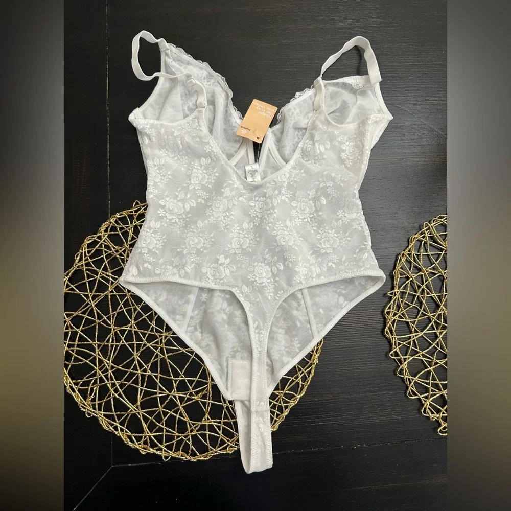 Popilush Shapewear Lace Deep V-Neck Low Back Hourglass Thong Bodysuit - Picture 6 of 7